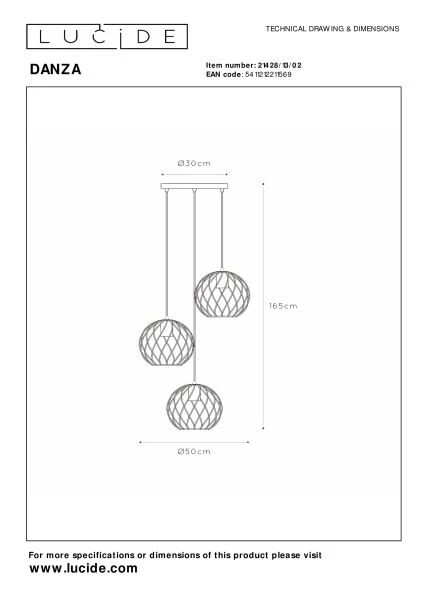 Lucide DANZA - Pendant light - Ø 50 cm - 3xE27 - Matt Gold / Brass - technical